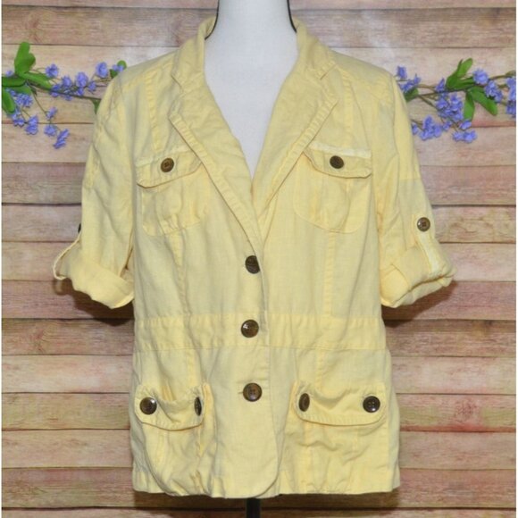 Chico's Butter Yellow Button Front Linen Jacket Size 3 XL 3/4 Roll Tab Sleeves - Picture 1 of 12